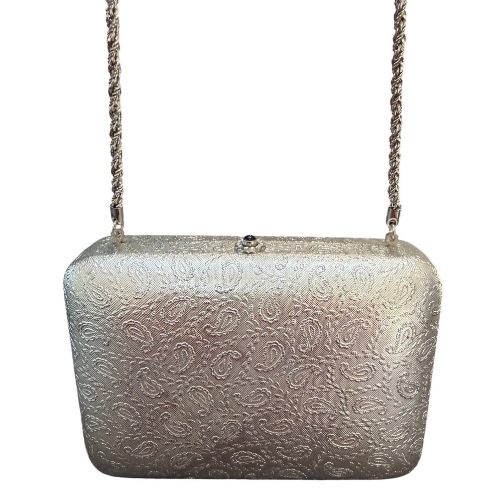 I. Magnin Silver Paisley Brocade Hard‎ Shell Clutch Bag Made in Italy Vintage